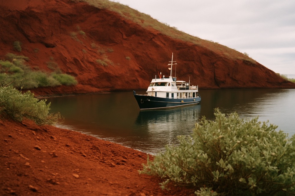 A small expedition yacht anchored in a calm cove beneath a volcanic island