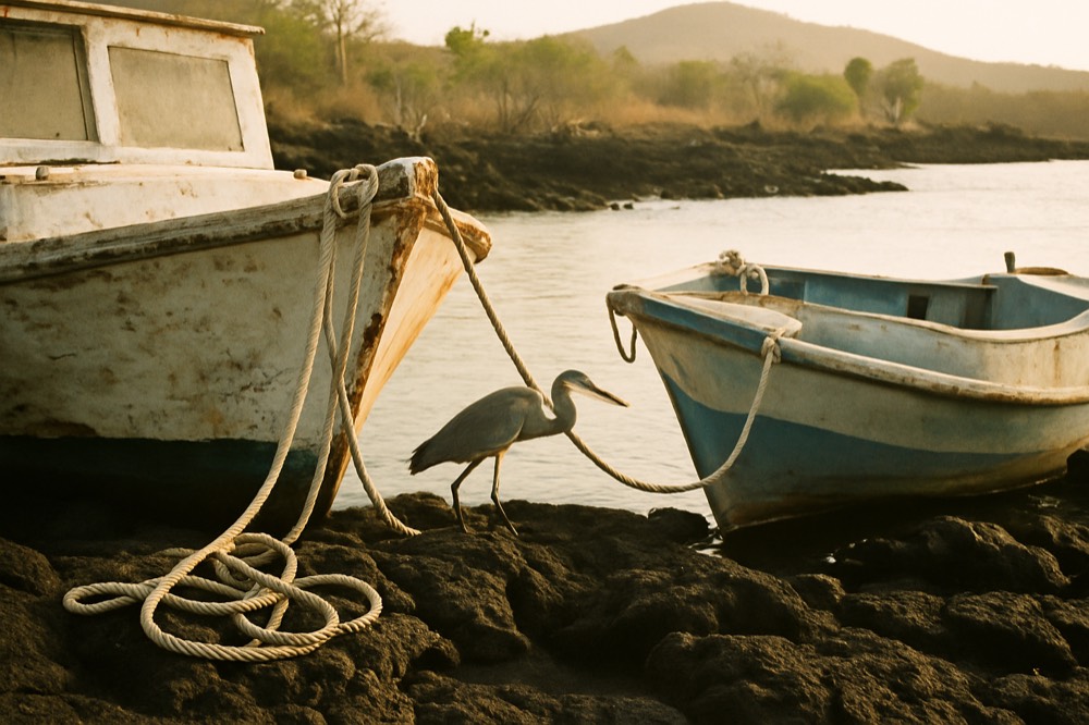 Two expedition vessels of different sizes moored beside a lava shoreline