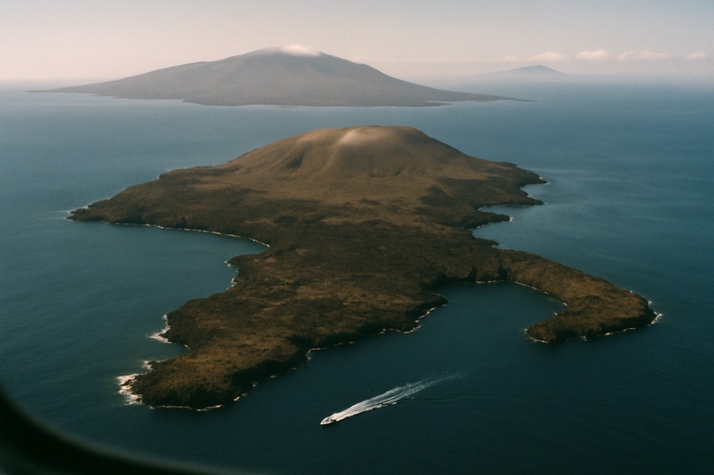 An aerial view of a volcanic island chain with a ship wake crossing deep water