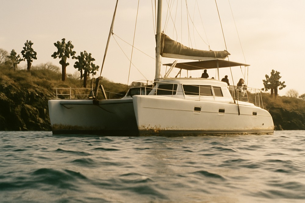 A catamaran hull seen from the water with a rocky headland behind