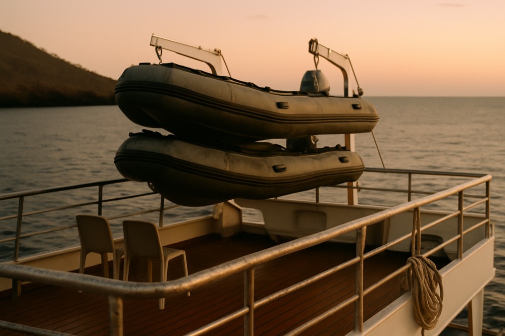 A cruise ship deck with zodiacs racked, open sea beyond at dusk
