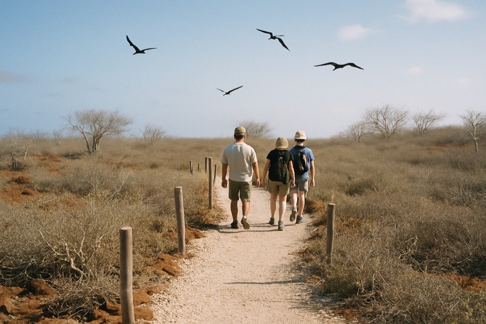 A naturalist guide leading a small group along a marked volcanic trail near the shore