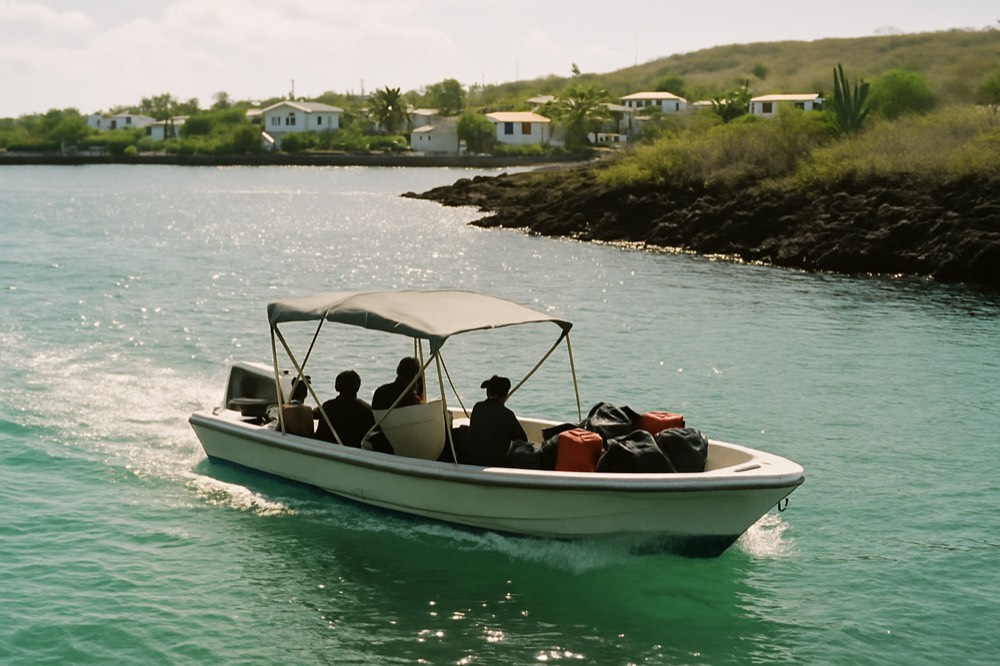 An open-air speedboat crossing open water between two volcanic islands