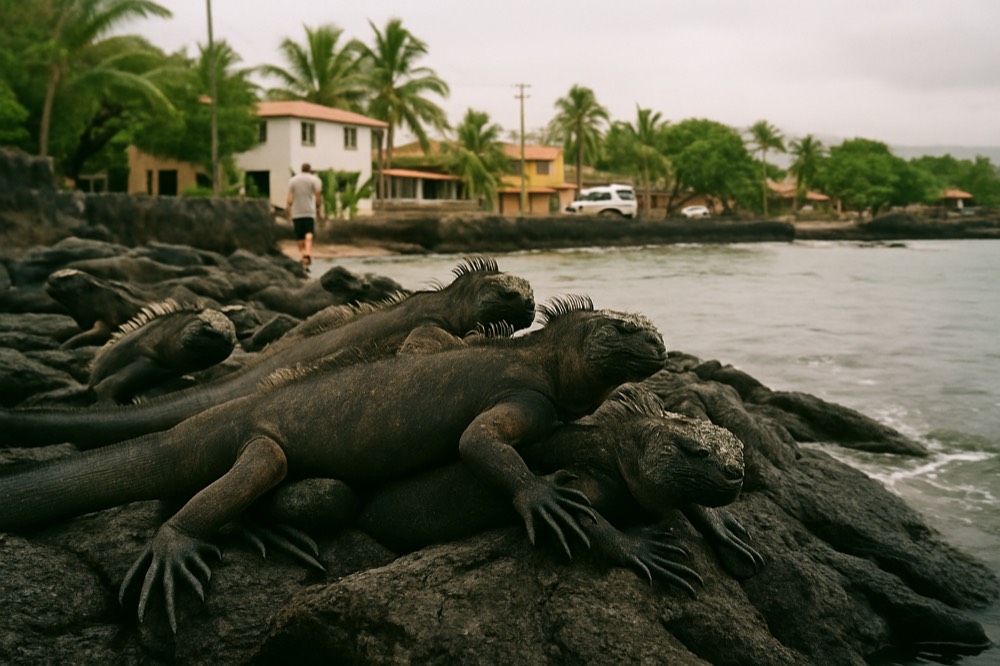 Marine iguanas resting on dark lava rock near the water's edge