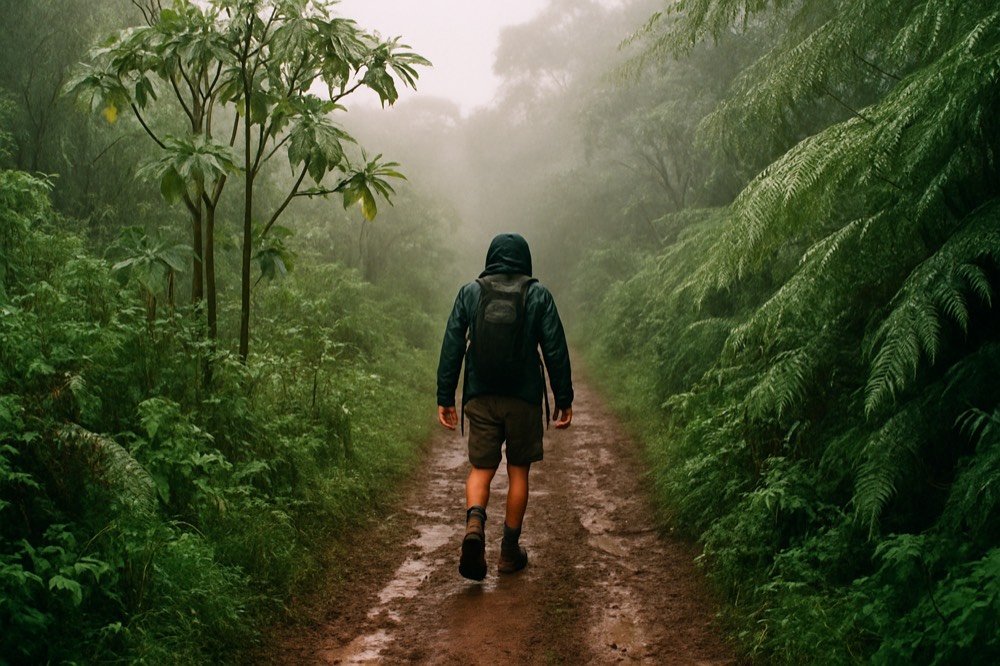 A hiker walking a trail through lush green highland vegetation