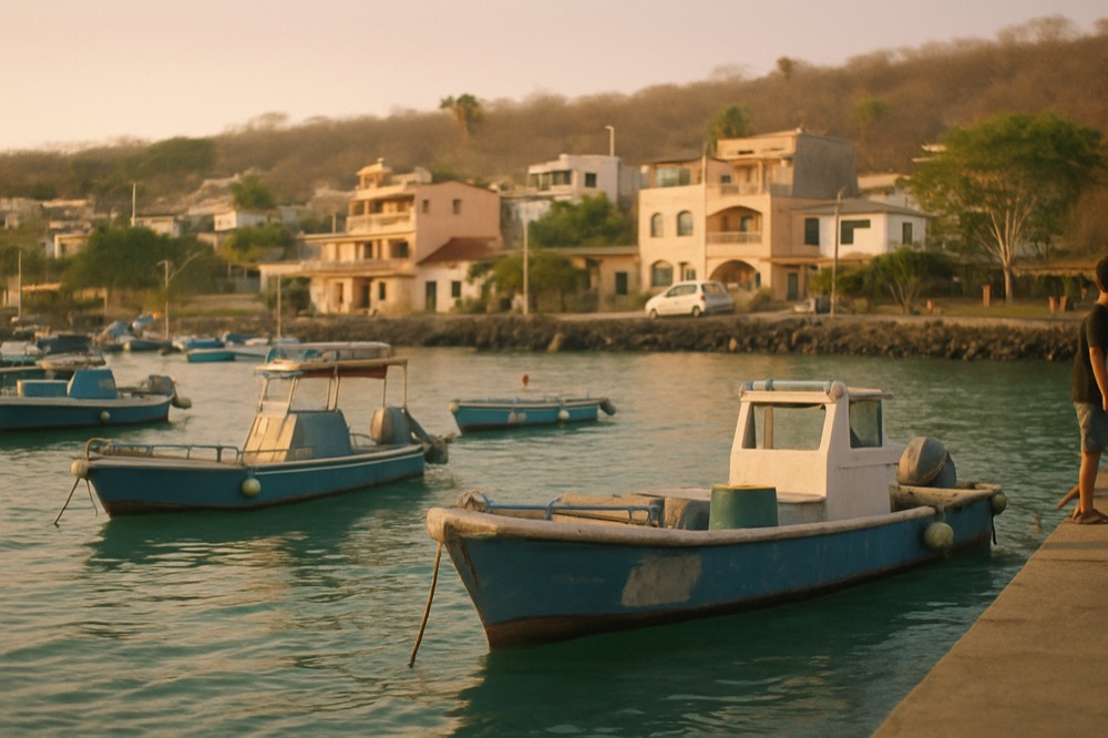 A coastal town seen from the water with fishing boats moored along a bay