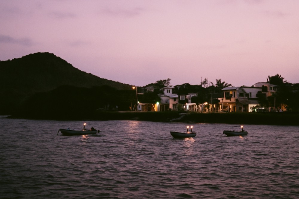 A coastal volcanic landscape with a small town visible along a bay at dusk