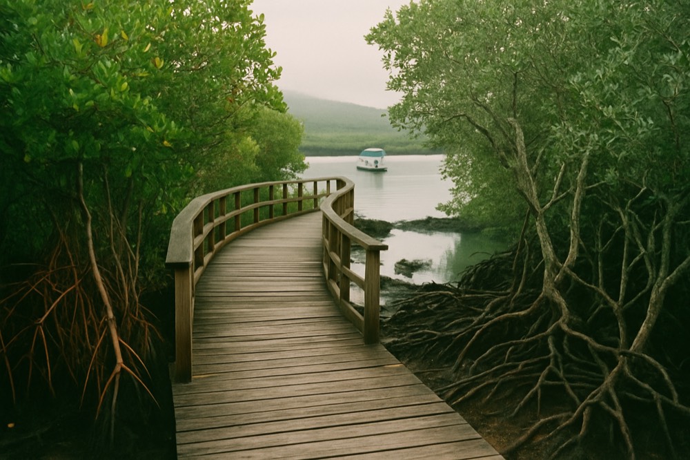A wooden walkway leading through mangrove trees toward a calm bay with a boat moored offshore