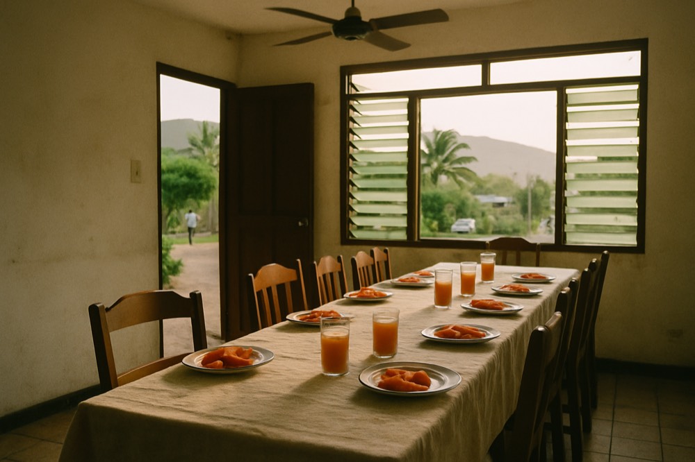 A family dining table set with fresh fruit and breakfast dishes in a bright hotel dining room