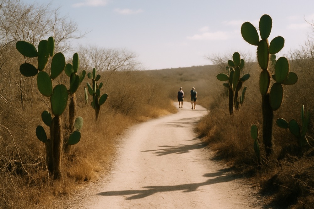 A marked gravel trail winding through dry lowland vegetation with a wooden park sign