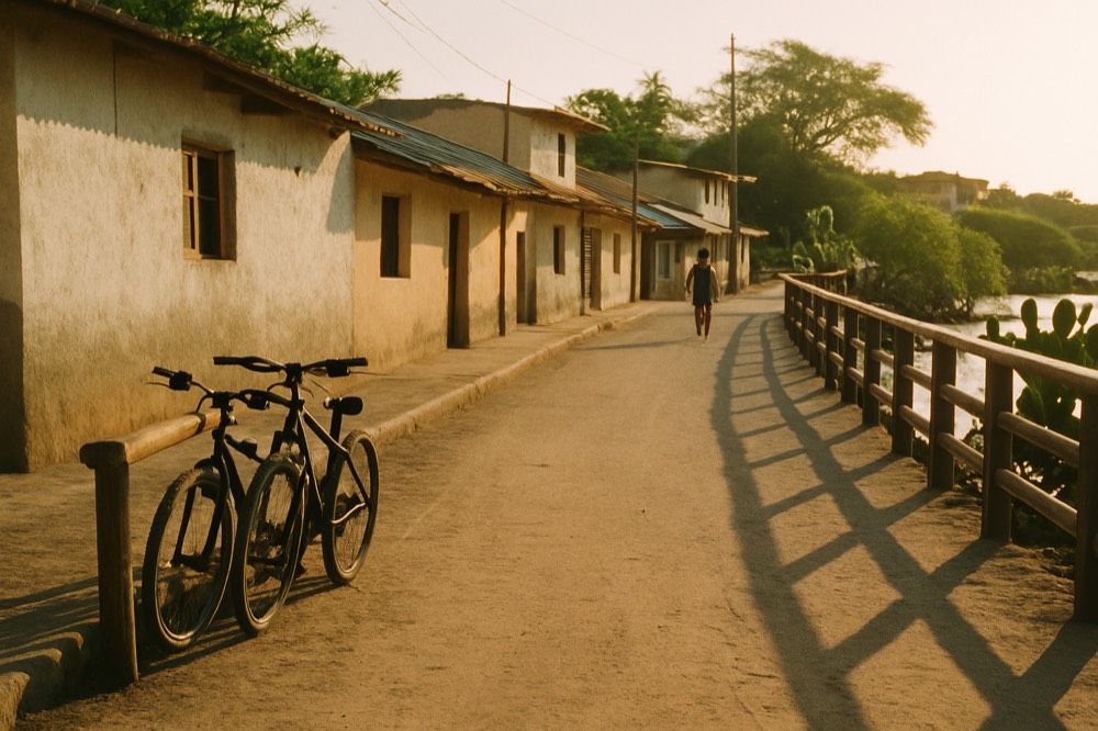 A small town street with low buildings and bicycles near a waterfront in the late afternoon