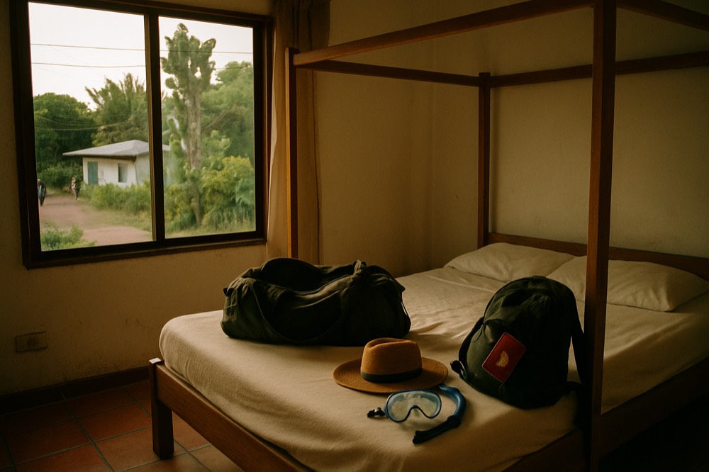 A packed duffel bag and small backpack on a bed beside a folded sun hat and snorkel mask