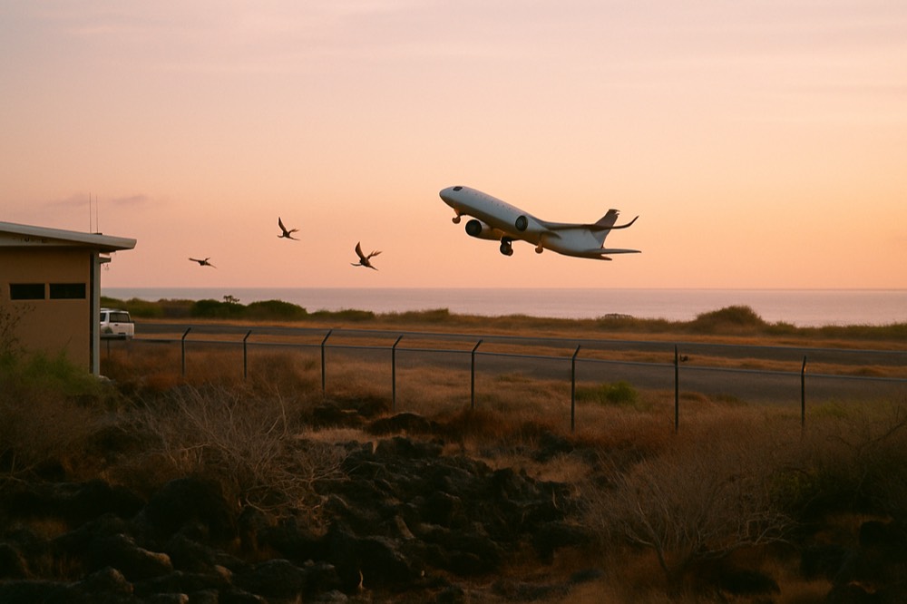 A passenger aircraft climbing away from a mainland Ecuadorian airport at sunrise