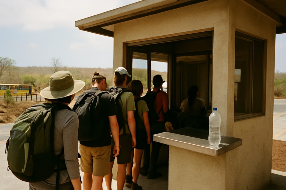 A park ranger booth at a small island airport terminal with travellers queueing