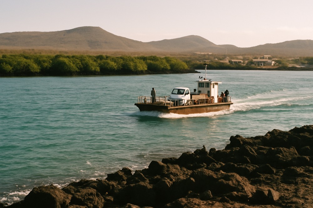 A small ferry crossing a narrow channel between arid volcanic shorelines