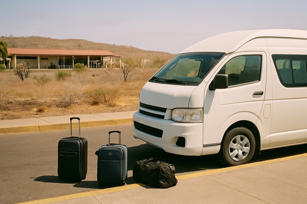 A hotel van waiting at a small island airport curb beside luggage