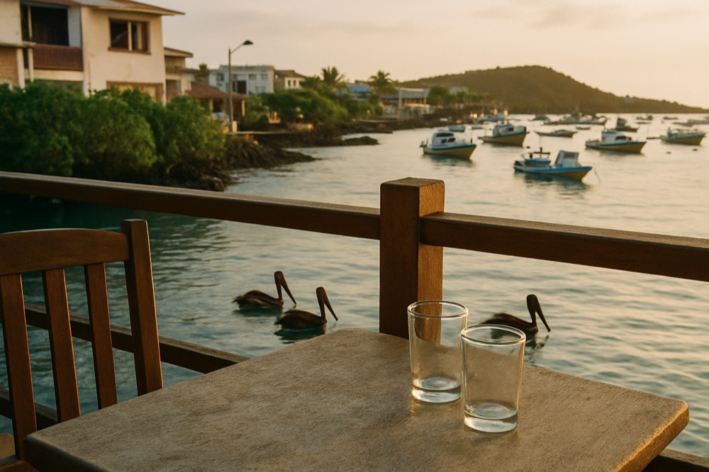 A hotel terrace overlooking a calm bay at sunset with fishing boats at anchor