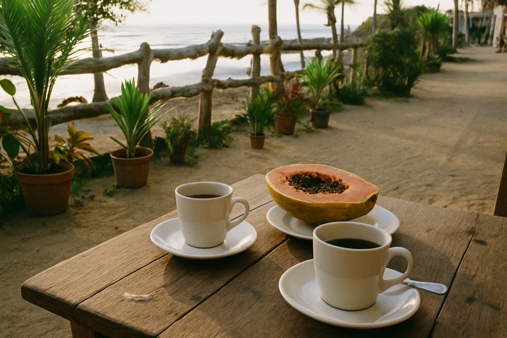 A couple's breakfast table on a hotel patio with tropical plants and ocean beyond