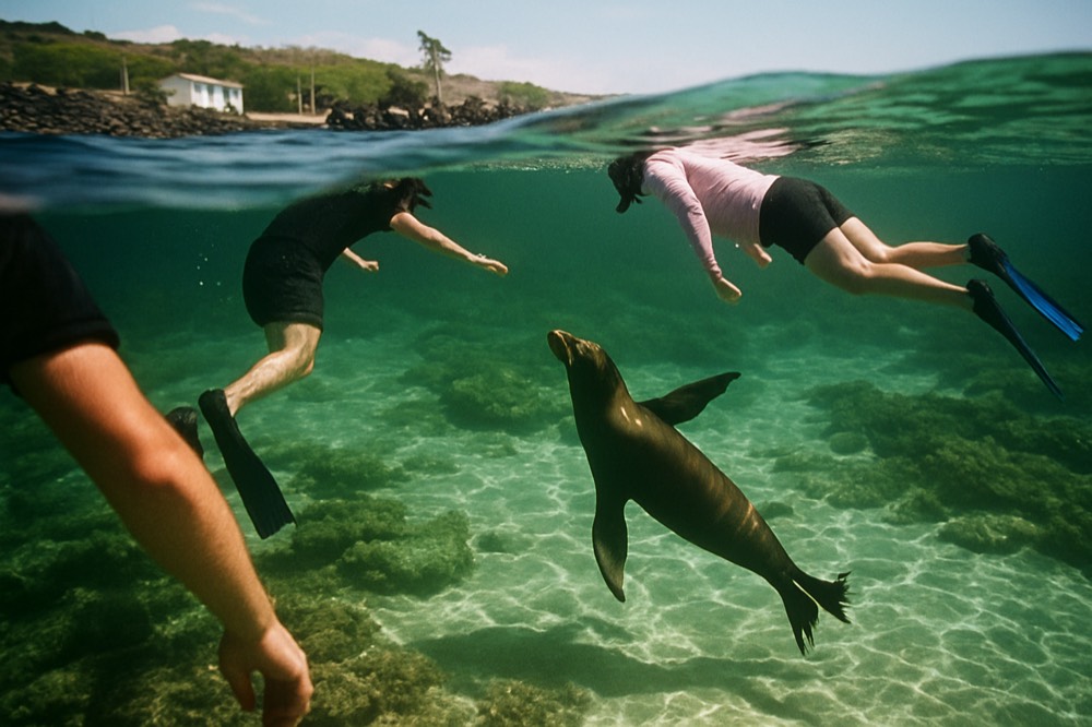 Snorkellers floating over a reef with a sea lion swimming nearby in clear water