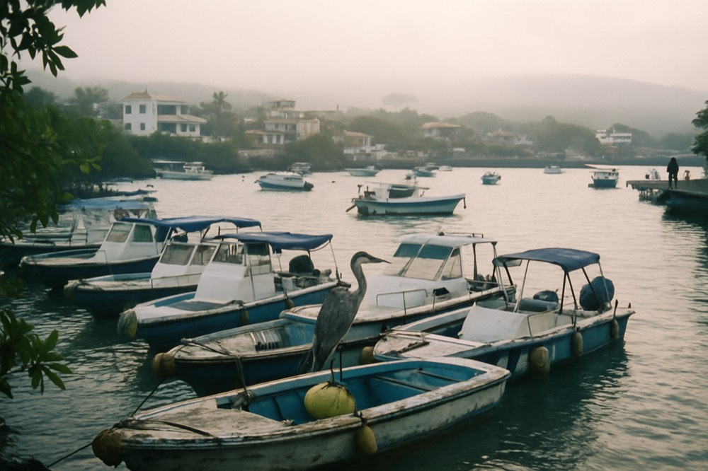 Water taxi and small tour boats moored at a busy Galapagos harbor in early morning light
