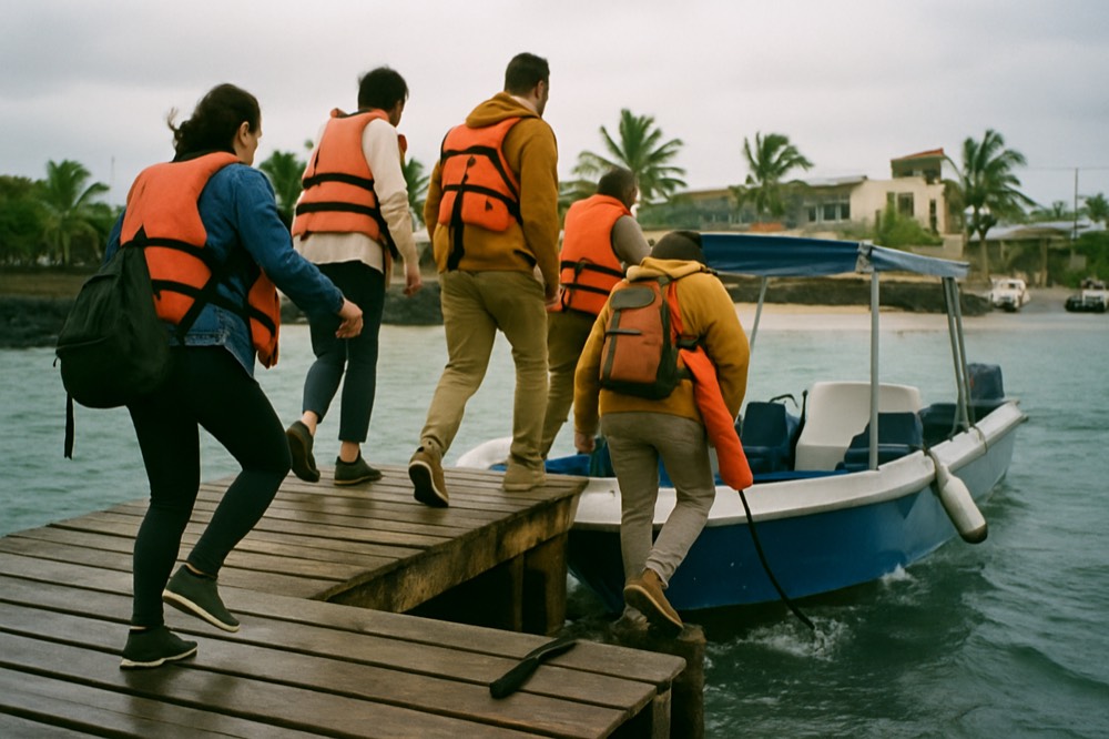 Passengers in orange life vests boarding a small open speedboat at a wooden jetty