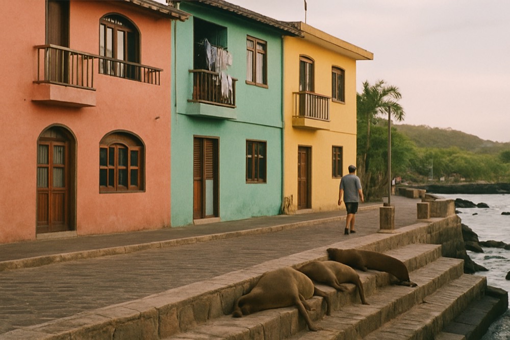 Colourful hotel facades along a waterfront street in a small Galapagos town