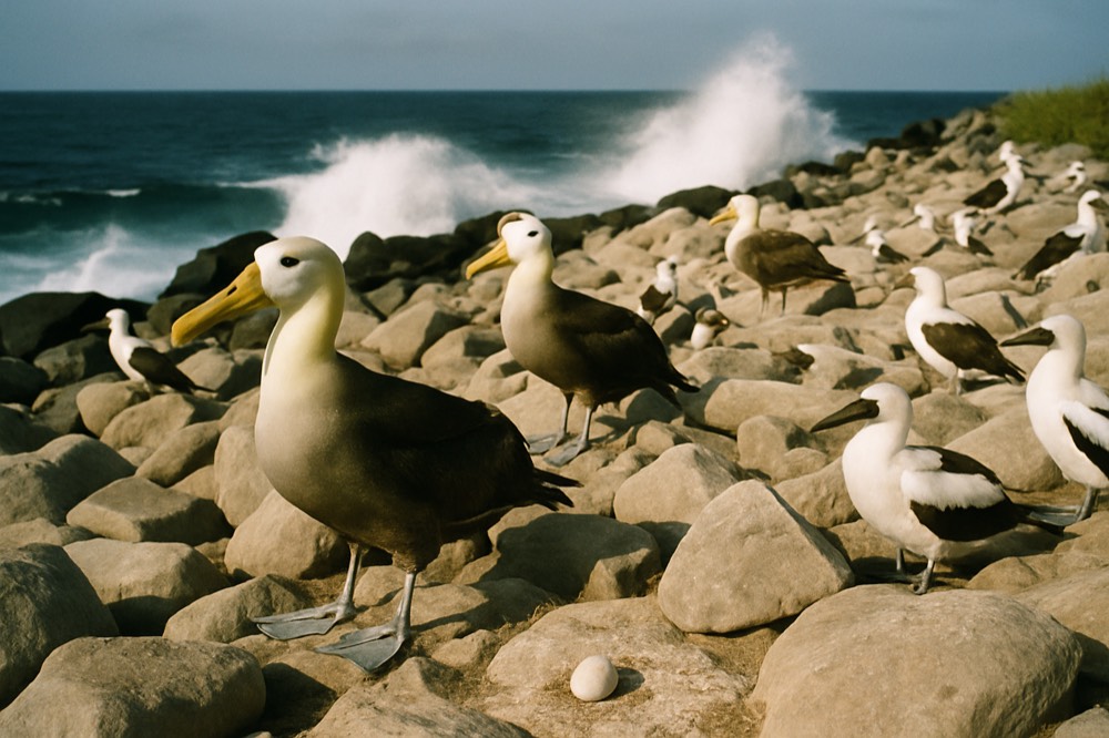 Seabirds clustered on a rocky Espanola shoreline with waves breaking behind