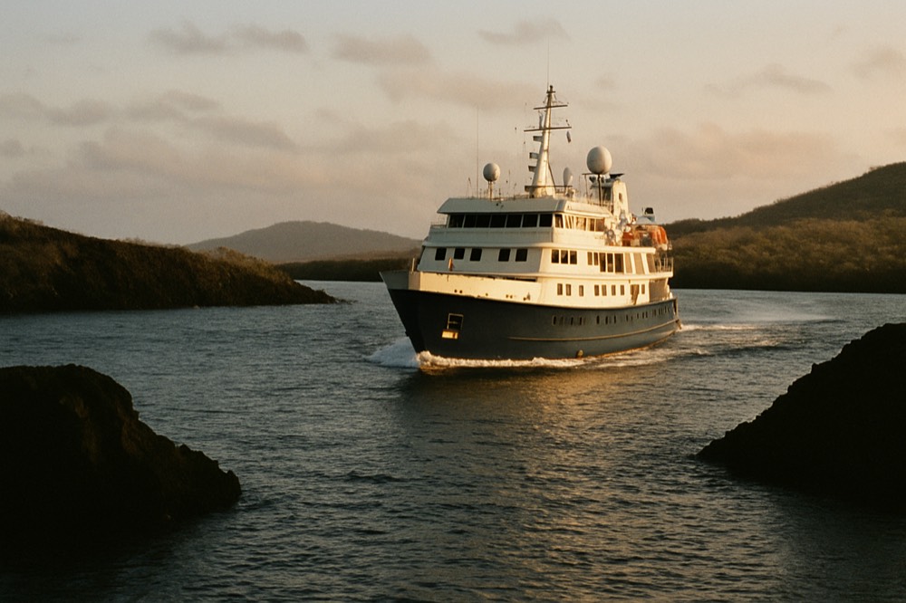 Expedition cruise ship sailing between two volcanic Galapagos islands