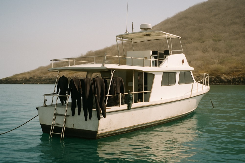 A small dive vessel moored in calm water near a volcanic Galapagos island