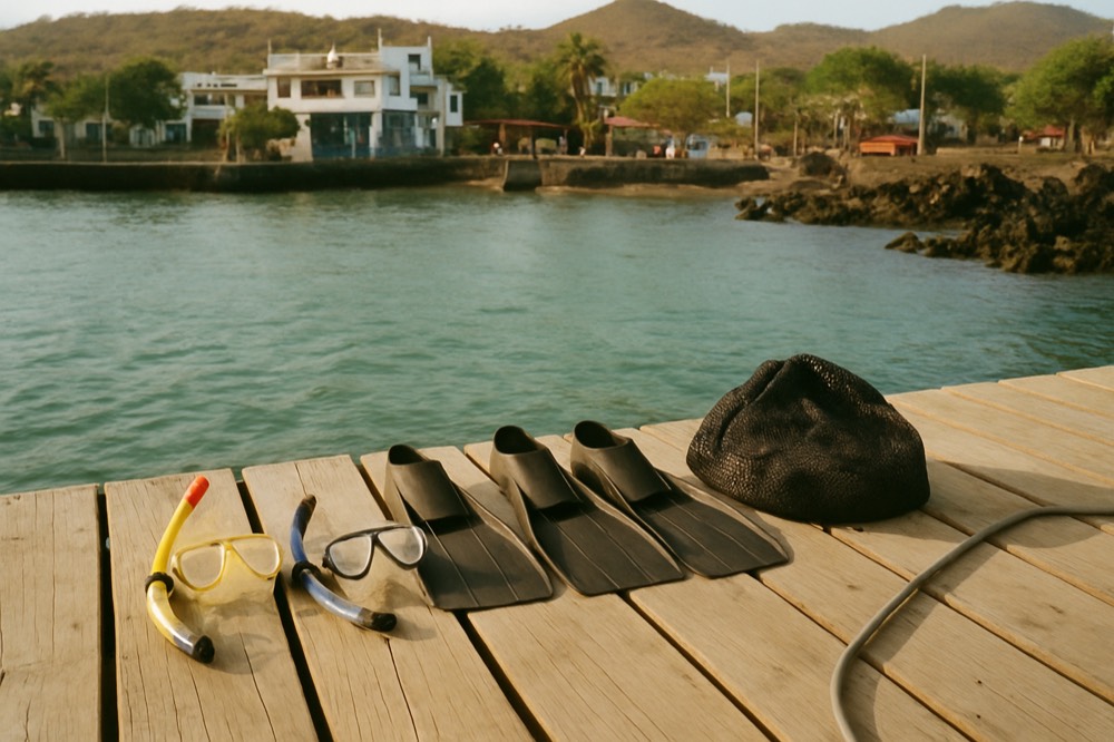 Snorkel and dive gear laid out on a wooden dock beside clear water