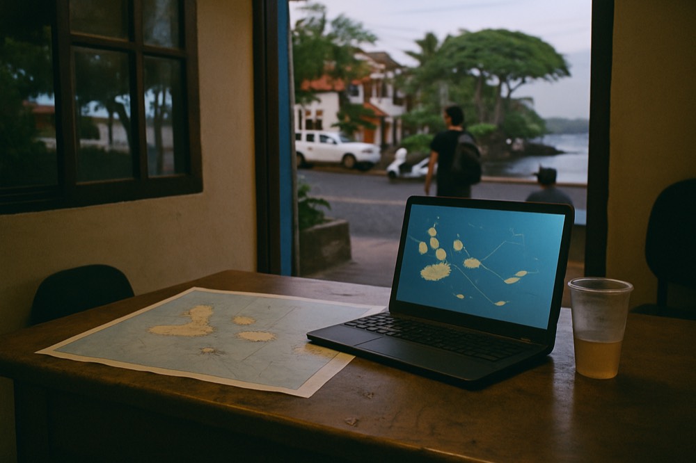 A booking desk with maps and a laptop showing an island map
