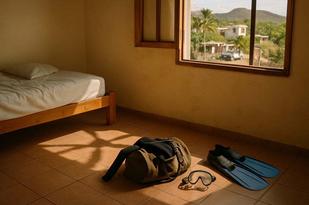 A traveller packing a wetsuit and snorkel gear into a duffel bag