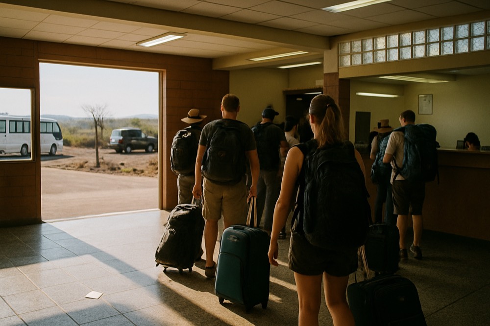A departure hall counter where travellers queue with backpacks and rolling bags