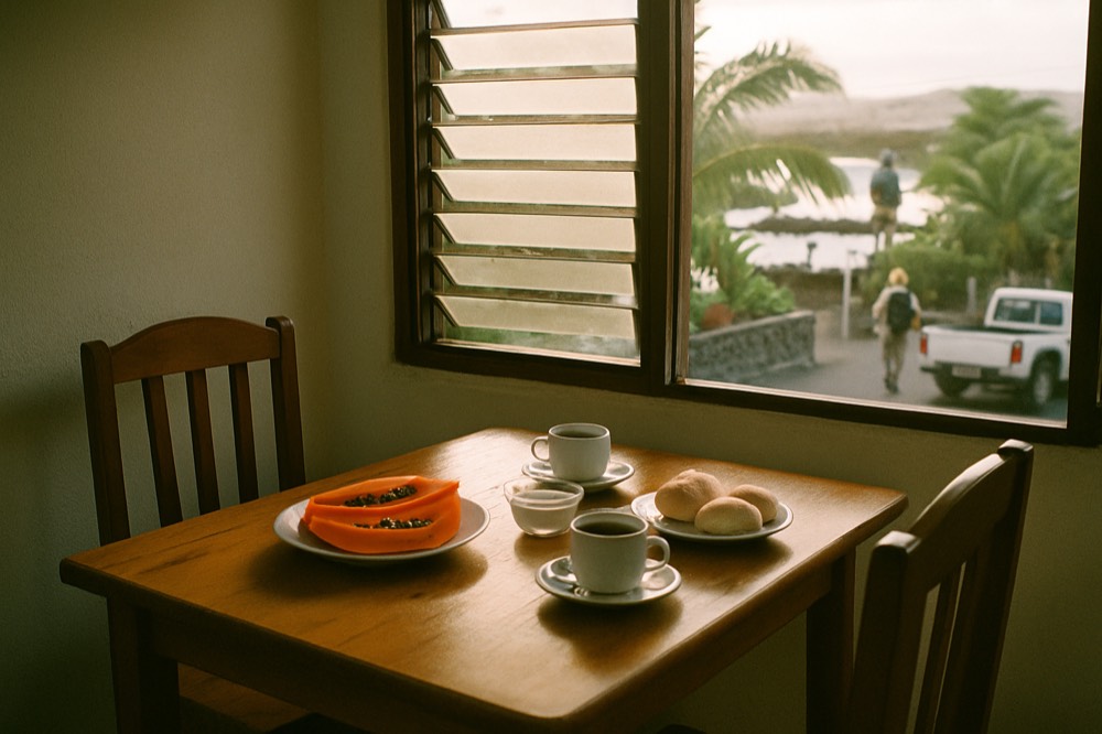 A hotel dining table set with fruit, rolls and coffee for breakfast