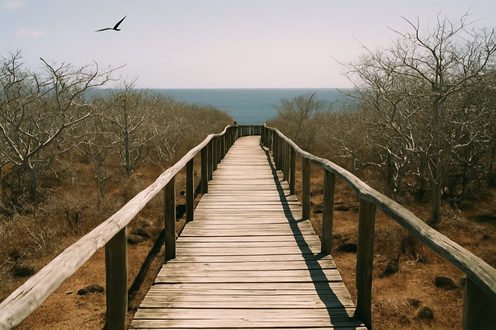 A wooden walkway leading through arid volcanic scrub toward the sea