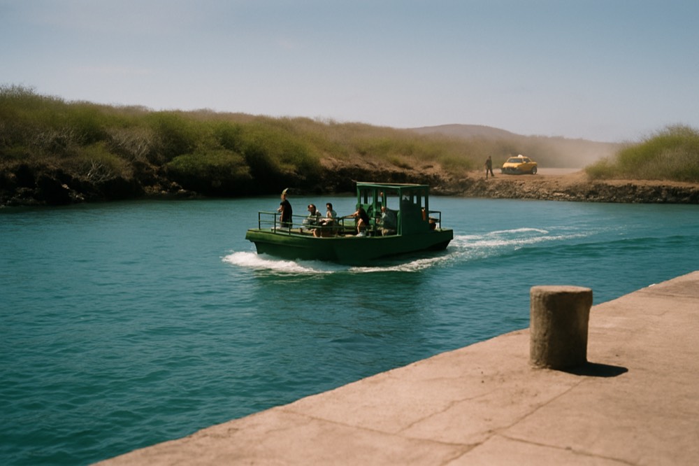 A small passenger ferry crossing a narrow channel between two volcanic shorelines
