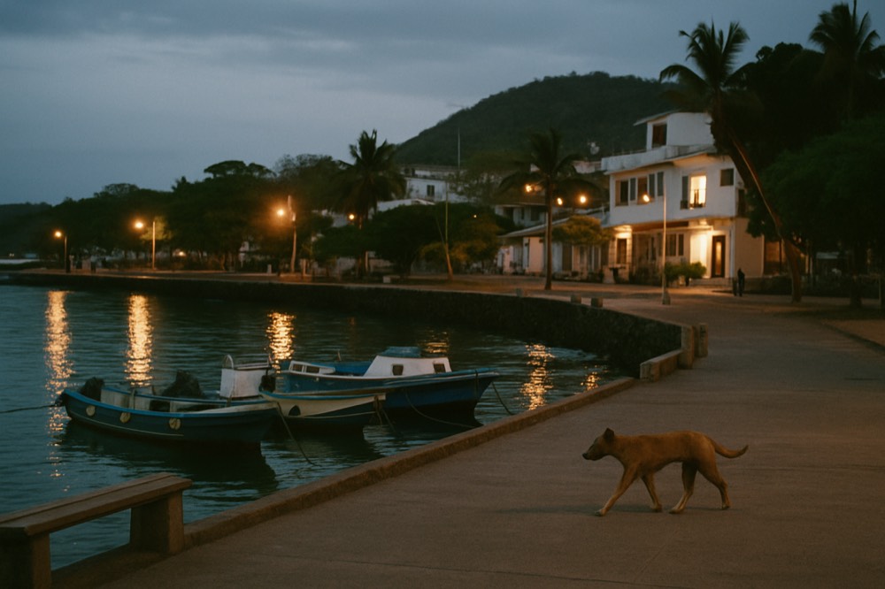A town waterfront at dusk with lights reflecting on calm water and fishing boats