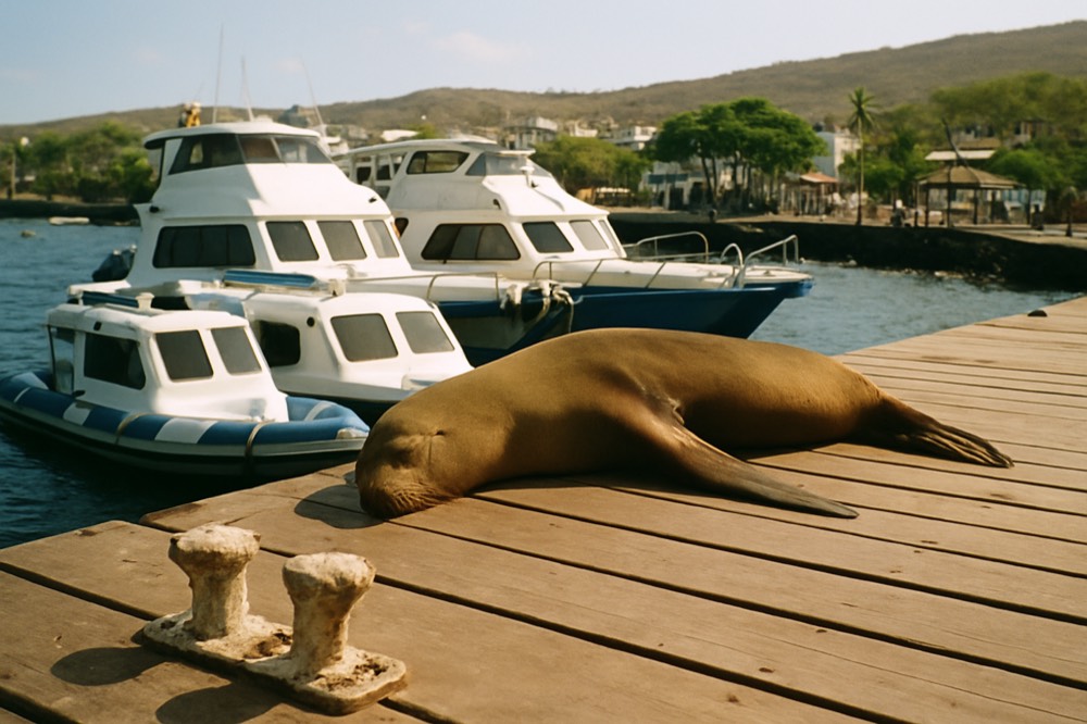 A sea lion resting on a wooden dock beside stacked tour boats