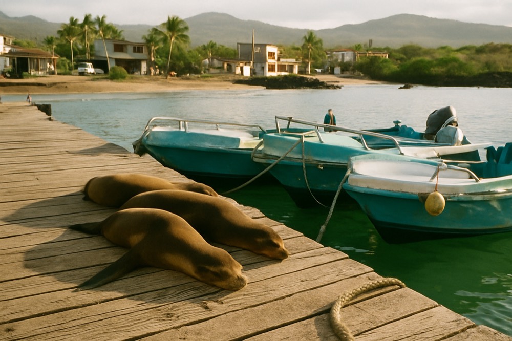 Sea lions lying on a wooden jetty beside moored boats in a Galapagos harbour