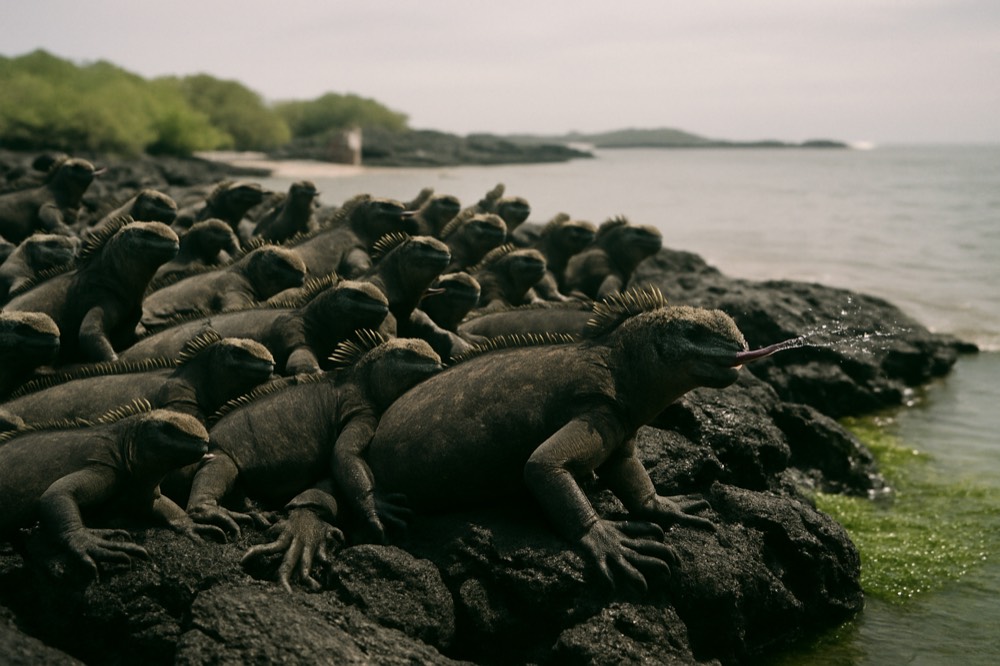 Marine iguanas clustered on dark lava rock beside the sea