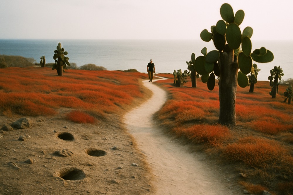 A hiking trail winding through arid volcanic landscape toward the sea
