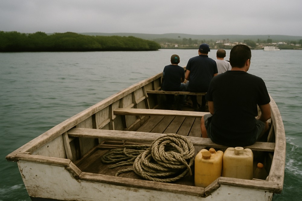 A public ferry crossing open water between Galapagos islands