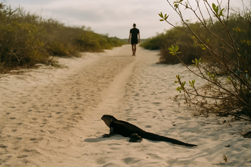 A visitor walking a marked trail past a marine iguana on a Galapagos beach