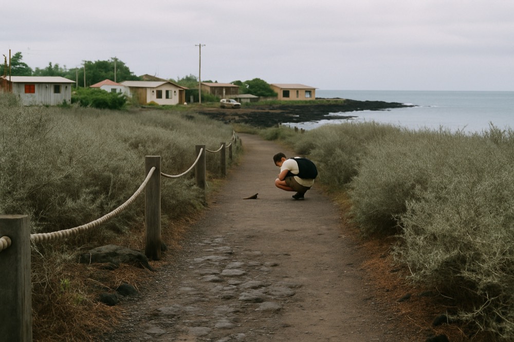 A marked gravel trail through dry lowland vegetation near the coast