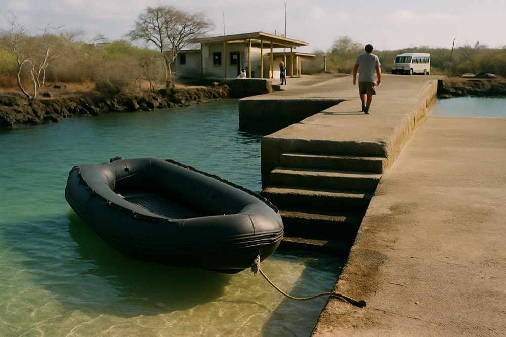 A small inflatable boat at a stone dock beside clear shallow water