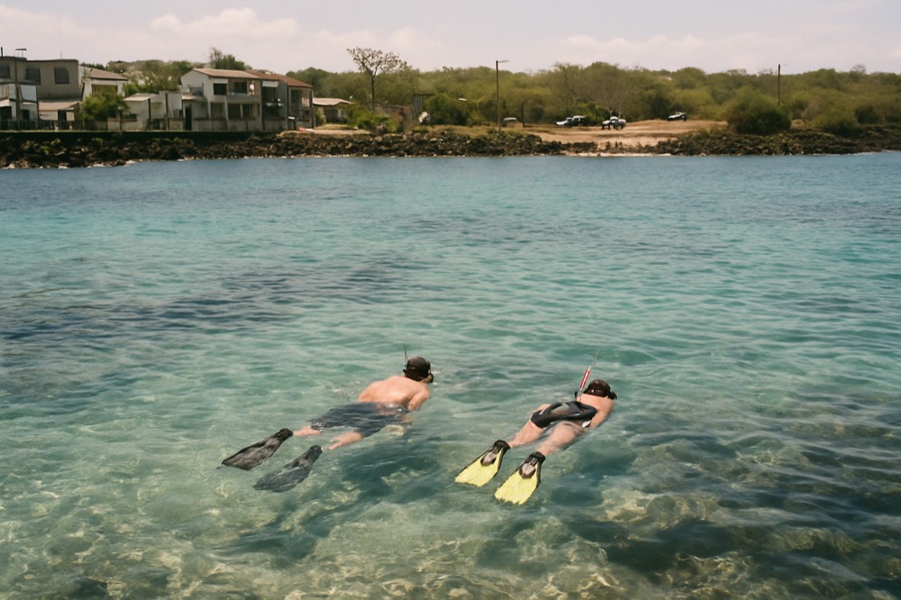 Snorkellers floating in calm turquoise water above a rocky reef