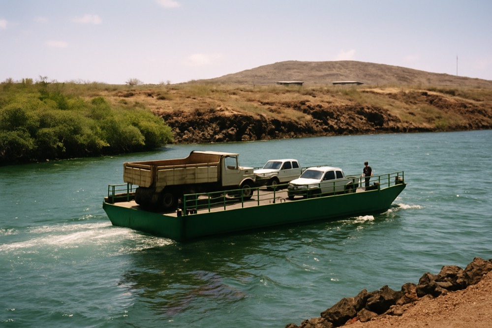 A ferry crossing a narrow channel between low volcanic shores