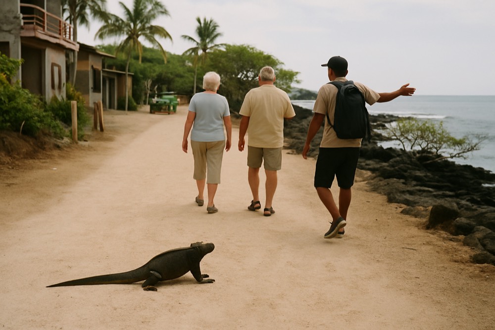 An older couple walking a flat coastal path with a guide pointing toward the water