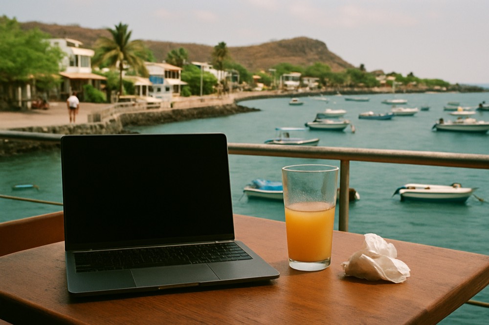 A traveller comparing prices on a laptop at a cafe table with a view of a harbour