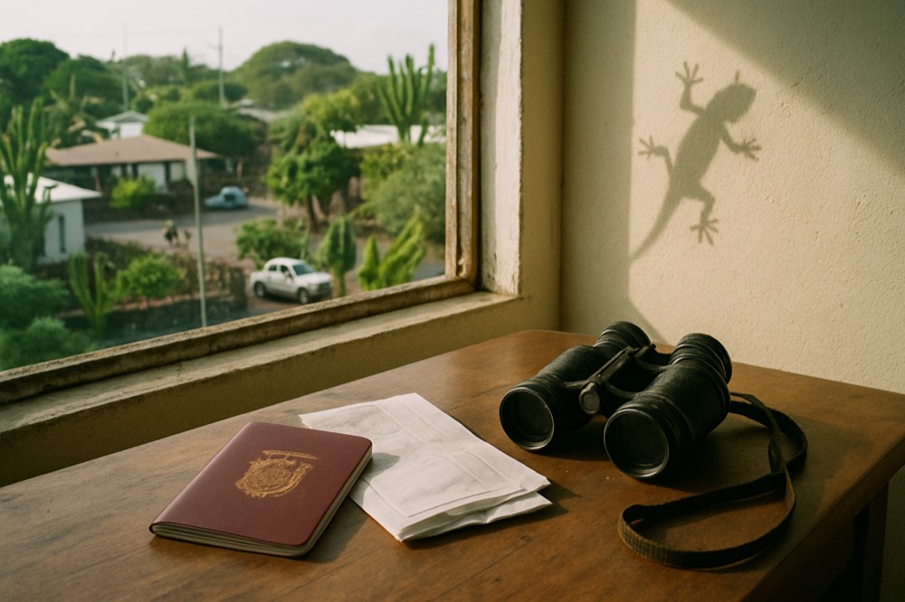 A booking confirmation document and passport on a wooden table beside a pair of binoculars